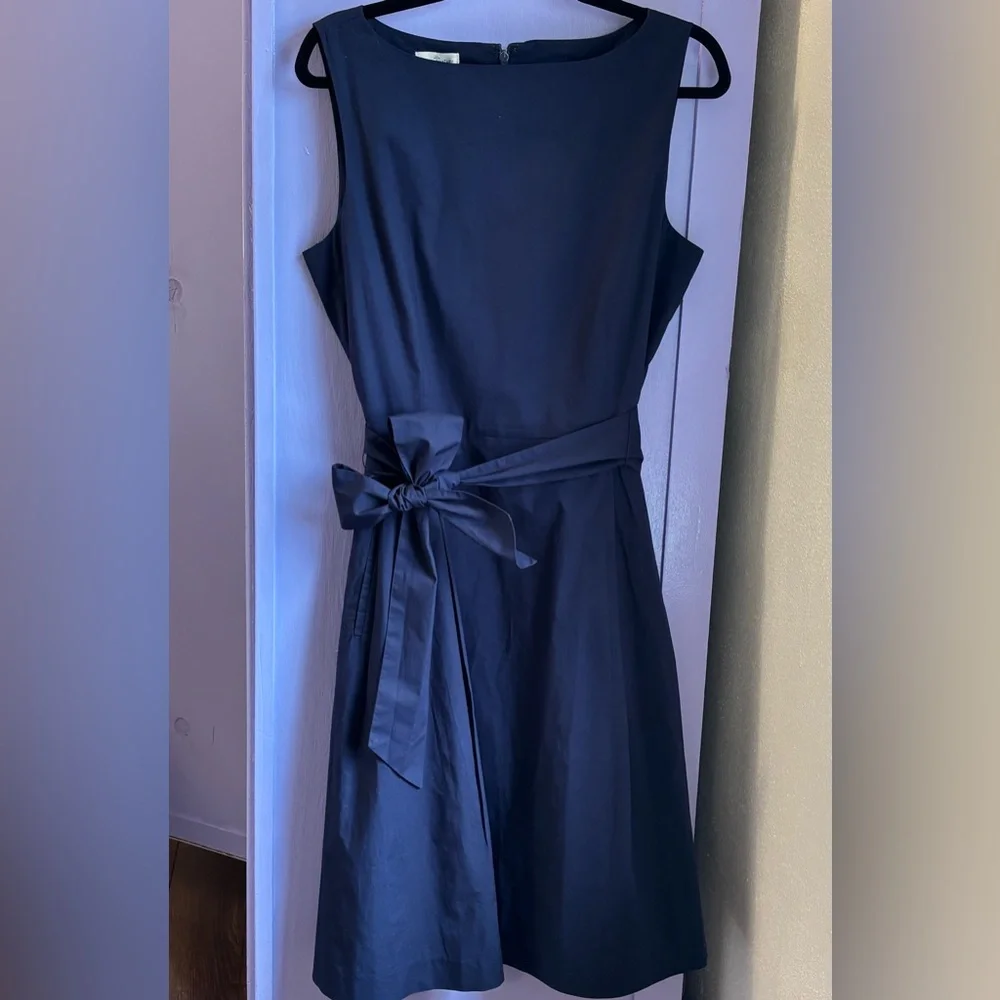 LL BEAN signature Navy blue boat neck Sleeveless Dress pockets sash New NWOT - Picture 2 of 14